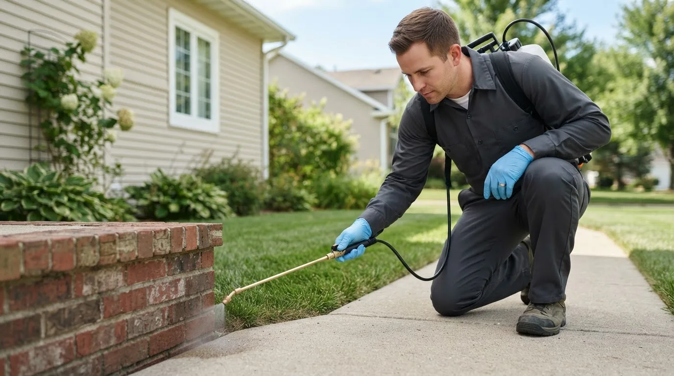 Pest control technician treating a home near Wadesville, IN