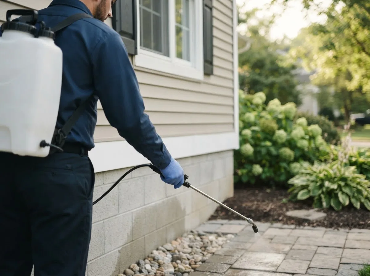 Pest control technician inspecting a home in Wadesville, IN